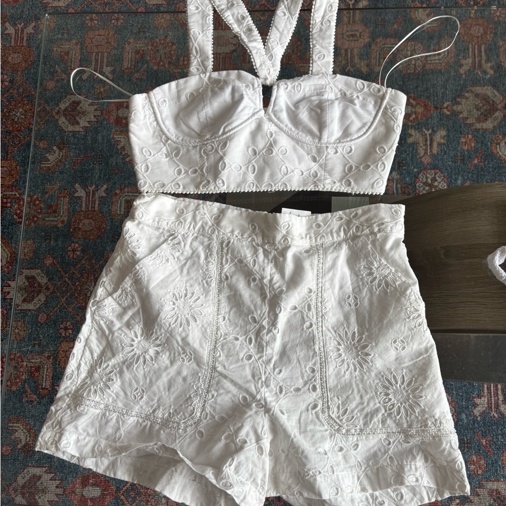 Zara White Embroidered eyelet High Waist shorts and crop top set